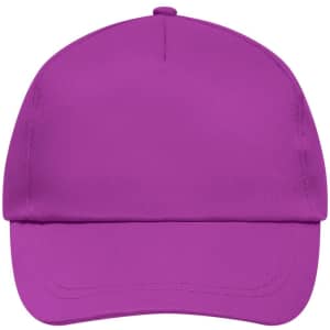 A purple 5 panel cap with a smooth finish and a logo on the front.