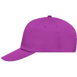 A purple 5 panel cap featuring a curved brim and a logo on the front.