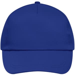 A blue 5 Panel Promo Cap featuring a structured design and a logo at the front.