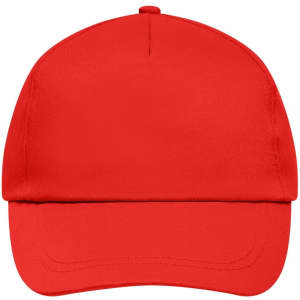 A red 5-panel promo cap with a curved brim and a logo on the front. Simple and stylish headwear option.