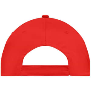 A red 5 panel cap with an adjustable strap at the back and a logo present.