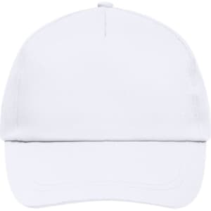 A white 5 panel promotional cap with a soft crown and a curved visor, featuring a logo.