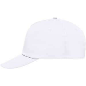 A white 5-panel promotional cap with a curved brim and a rear adjustment strap. It features a logo on the front.