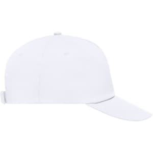 A white 5 panel promo cap featuring a curved brim and an adjustable strap at the back. It has a logo on it.