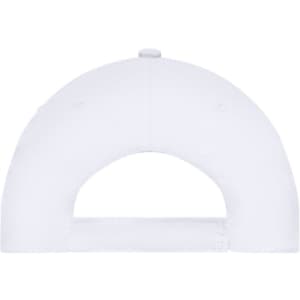 A white 5 panel cap featuring a curved back and an adjustable strap, with a button on top and a logo.
