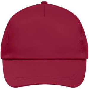 A maroon 5 panel promo cap featuring a curved peak and a blank front for potential branding.