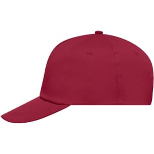 A red 5-panel promo cap featuring a curved brim and a logo on the front.