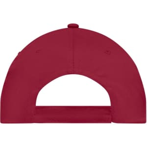 A red 5 panel cap featuring a rear adjustable strap and a logo design on the back.