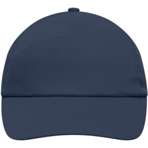 A navy blue 5 Panel Promo Cap featuring a rounded crown and a curved peak, with a logo on the front.