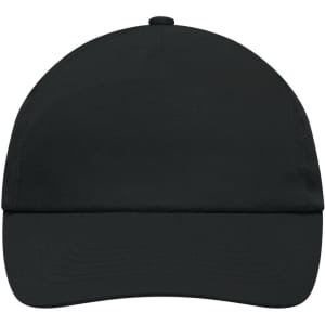 A black 5 Panel Promo Cap with a curved brim and a plain design featuring a logo.