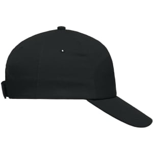 A black 5-panel cap with a curved brim and an adjustable strap at the back. It features a logo on the front.