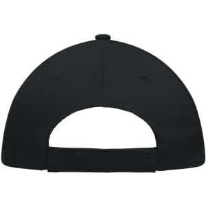 A black 5 panel promo cap featuring a rear adjustable strap and ventilation holes. It includes a logo.
