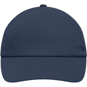 A navy blue 5 panel promo cap featuring a curved brim and an empty front area for branding or logos.