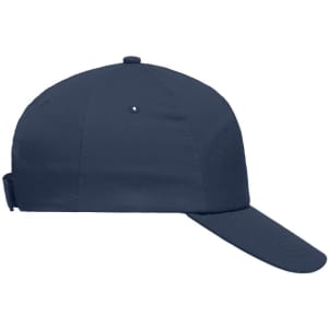 A navy blue five-panel promotional cap with a curved brim and a back adjustment strap. Features a logo.