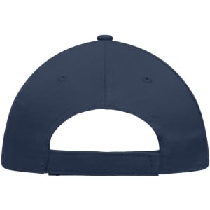 A navy blue 5 Panel Promo Cap featuring a rear opening and an adjustable strap, with a logo on the side.