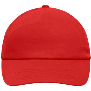 A red 5 panel cap featuring a structured design and a logo on the front.