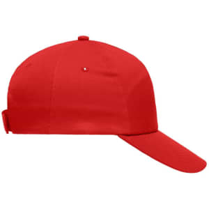 A red 5-panel promo cap with a curved brim and an adjustable strap at the back, featuring a logo.