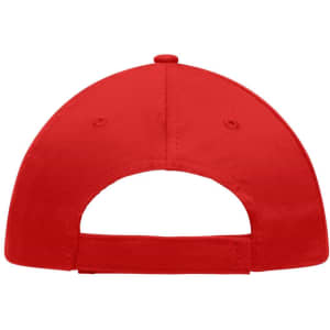A red 5 panel promo cap featuring an adjustable strap and a curved brim at the back.
