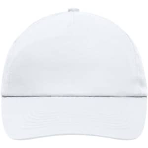A white 5 panel promo cap featuring a curved brim and a logo on the front.