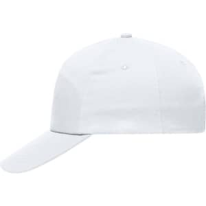 A white 5 Panel Promo Cap featuring a plain design and a logo on the front.