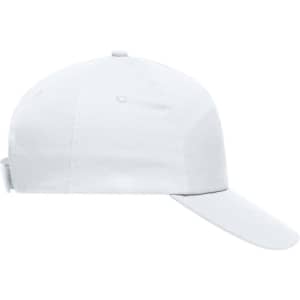 A white 5-panel cap with a curved brim and an adjustable strap, featuring a logo.
