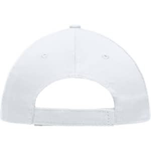 A white 5 Panel Promo Cap with an adjustable strap at the back and a logo on the side.