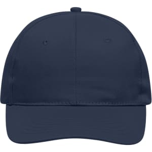 A navy 6-panel cap with a rounded peak and an adjustable strap at the back, featuring a logo.