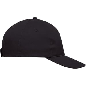 A black six-panel cap with a curved brim and an adjustable strap at the back. It features a logo.
