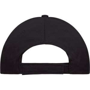 A black 6-panel cap with an adjustable strap and a logo on the back.