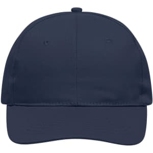A navy blue 6-panel cap featuring a structured design and a front panel with a logo.