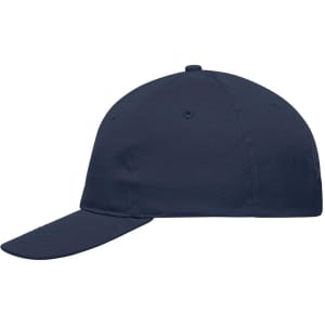 A navy blue 6 panel promo cap with a curved visor and a logo on the front.