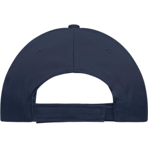 A navy 6-panel promotional cap featuring a rear adjustment strap and a logo.