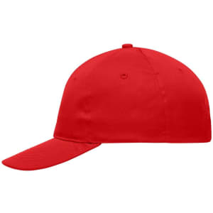 A red 6-panel promo cap with a rounded crown and a curved visor. Includes a logo on the front.