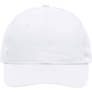 A white 6 panel promo cap with a curved brim and an adjustable strap at the back. It features a logo on the front.