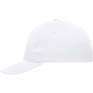 A white 6-panel promo cap with a curved brim and an adjustable strap at the back. Features a logo.