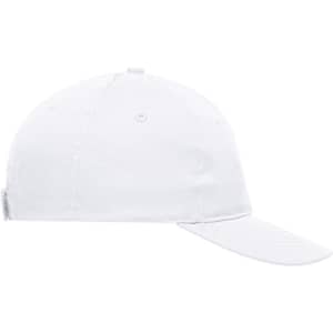 A white six-panel cap with a curved brim and a logo on the side.