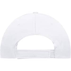 A white six-panel cap featuring an adjustable strap at the back and a logo.