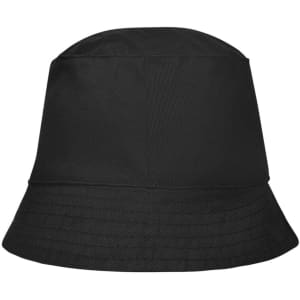 A black bucket hat with a wide brim and structured top, featuring a logo on the side.