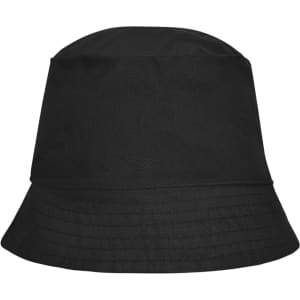 A black bucket hat featuring a wide brim and a simplistic design. The hat has a branding logo.