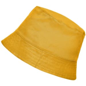A yellow bucket hat with a wide brim and a textured finish. It features a branding logo.