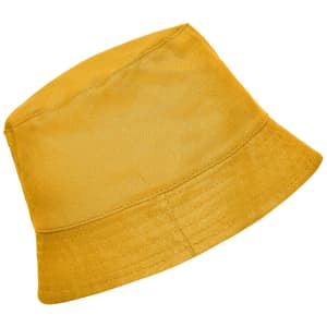 A yellow bucket hat with a wide brim and a logo on the front.