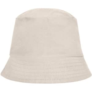 A beige bucket hat with a wide brim, featuring a simple design and a logo on the side.