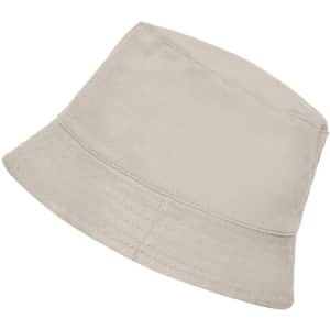 A beige bucket hat with a wide brim, featuring a simple design and a logo.