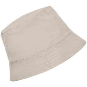 A beige bucket hat featuring a wide brim and a simple design, with a small logo on the side.
