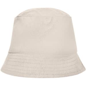 A beige bucket hat made from soft fabric, featuring a round crown and a wide, downward-sloping brim.