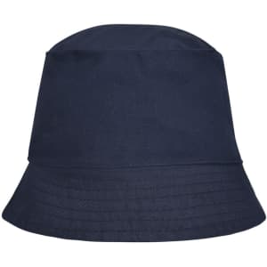 A navy blue bucket hat with a wide brim and a subtle texture, featuring a branding logo.