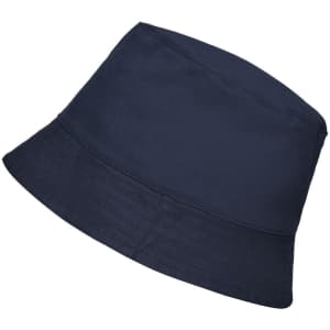 A navy blue bucket hat with a wide brim and a simple design, featuring a logo.