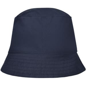 A navy blue bucket hat with a wide brim and a simple design. It features a logo on the side.