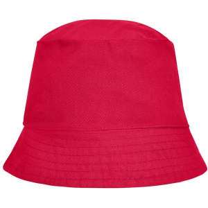 A red bucket hat with a wide brim and a smooth finish, featuring a logo on the side.