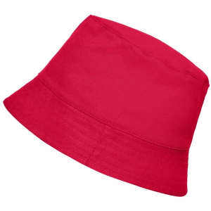 A red bucket hat with a wide brim and a simple design, featuring a logo on one side.
